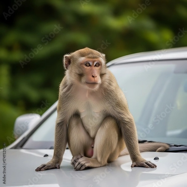 Obraz Monkey perched on a car hood, observing its surroundings with focus.