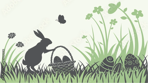 Obraz Easter Bunny Silhouette Hiding Eggs in Green Spring Grass with Flowers and Butterfly. Festive Holiday Design for Kids' Events, Web, Print.