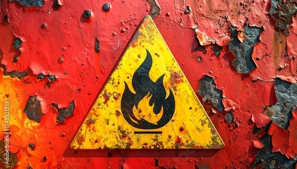 Fototapeta Close-up of a weathered and rusty flammable warning sign on a decaying red metal surface with peeling paint