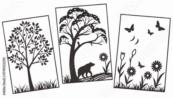Obraz Nature Silhouette Illustrations Set for Craft Projects Wall Art Decor Graphic Design Peaceful Forest Trees Bear Flowers Butterflies