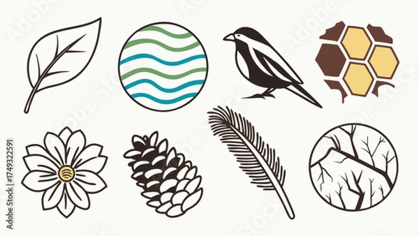 Obraz Nature Elements Vector Icons Set Leaf Bird Flower Pinecone Feather Honeycomb Water Branches for Eco-Friendly Sustainable Branding and Web Design