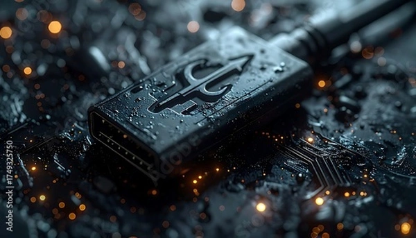 Fototapeta USB-C Connector on Futuristic Circuit Board with Electric Sparkles