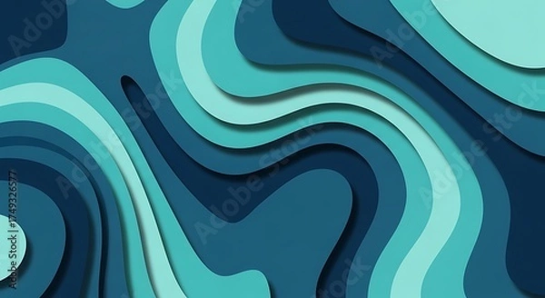 Fototapeta Abstract topographic map concept featuring flowing curved lines and a layered paper cut-out effect in shades of ocean blue