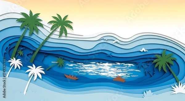 Fototapeta Abstract Beach Scene with Palm Trees and Ocean Waves Paper Cut Illustration