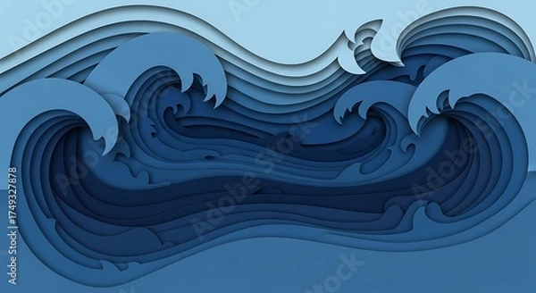 Fototapeta Abstract layered waves in shades of blue, creating a sense of movement and depth in a flowing design