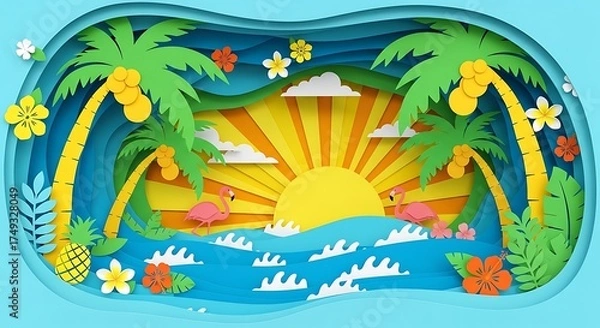 Fototapeta Tropical Paradise A Papercut Landscape with Palm Trees, Flamingos, and Sun