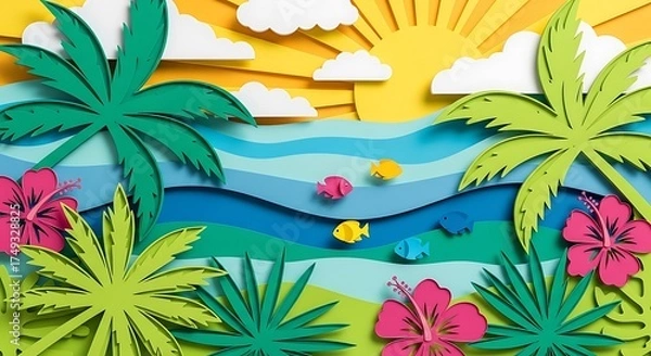 Fototapeta Colorful paper cut tropical beach scene with palm trees, bright sun, ocean waves, and playful fish, evoking a summer vacation paradise