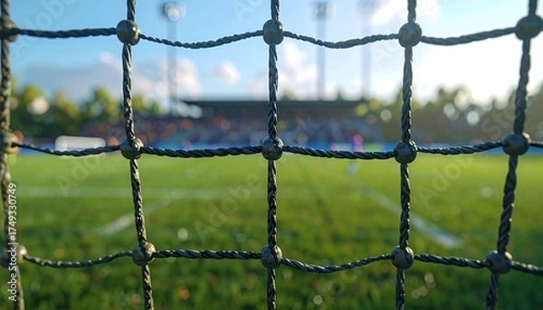 Fototapeta Close-up view of a net in the foreground with a blurred sports stadium and field in the background, highlighting the anticipation of a game