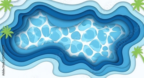 Fototapeta Abstract Layered Blue Waves with Rippling Water and Tropical Palm Trees