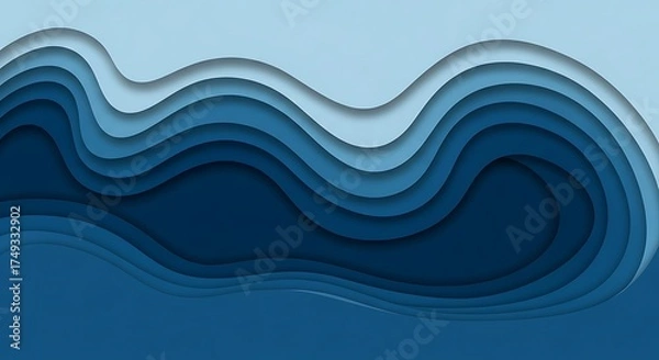Fototapeta Abstract background with flowing blue waves and depth effect in a modern paper cut art style for a contemporary design concept