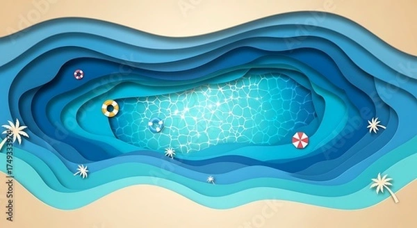 Fototapeta Papercut illustration of a tropical beach with turquoise water and floating objects