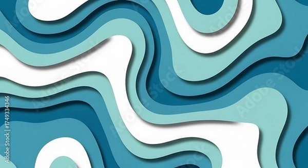 Fototapeta Abstract Paper Cut Design Ocean Waves in Turquoise, Blue, and White Tones for Backgrounds