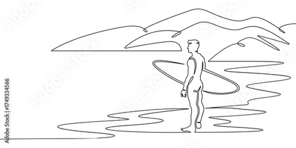 Fototapeta Continuous single line drawing Surfer on the seashore. Surfer with a board against a rocky landscape. Surfing in the ocean. Linear . One continuous line isolated minimalist illustration. Not AI.