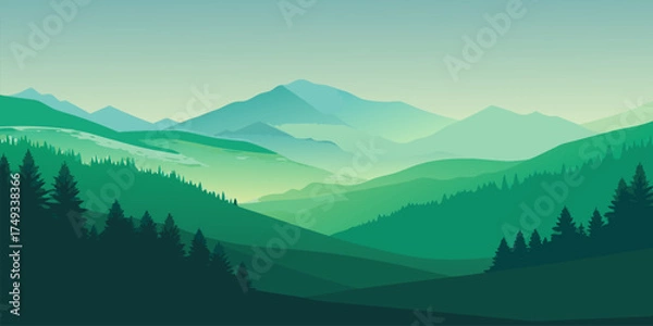 Fototapeta Rolling green mountain valleys with distant peaks mountains