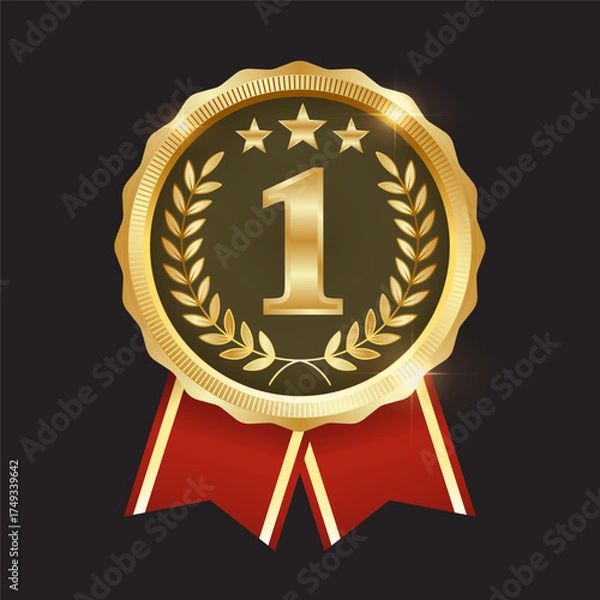 Fototapeta Gold No.1 Champion Badge – Premium Ranking Medal with Laurel Wreath and Red Ribbon Award Vector