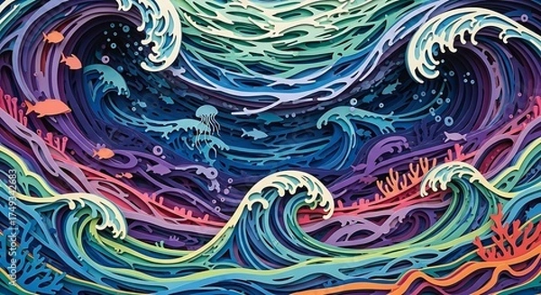 Fototapeta Vibrant Underwater Scene with Crashing Waves and Marine Life in a Colorful, Stylized Illustration