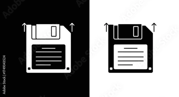 Fototapeta Retro floppy disk icon with upload arrows in contrasting black and white silhouette style