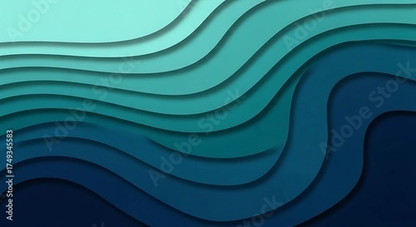 Fototapeta Abstract background with layered wavy shapes in shades of blue and green, creating a 3D paper cut effect