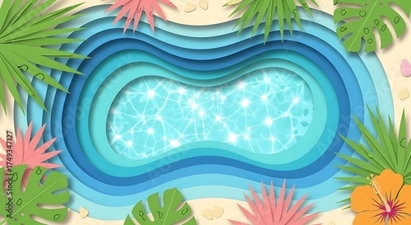 Fototapeta Tropical summer vacation background with a paper cut style swimming pool, palm leaves, and hibiscus flowers on a sandy shore