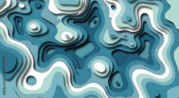 Fototapeta Serene abstract digital art with undulating blue and white layers, creating a sophisticated topographic design and a peaceful, modern background