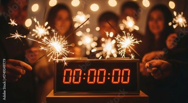 Fototapeta Celebrating the New Year with Sparklers and a Countdown Clock Among Friends Enjoying Festive Illuminations