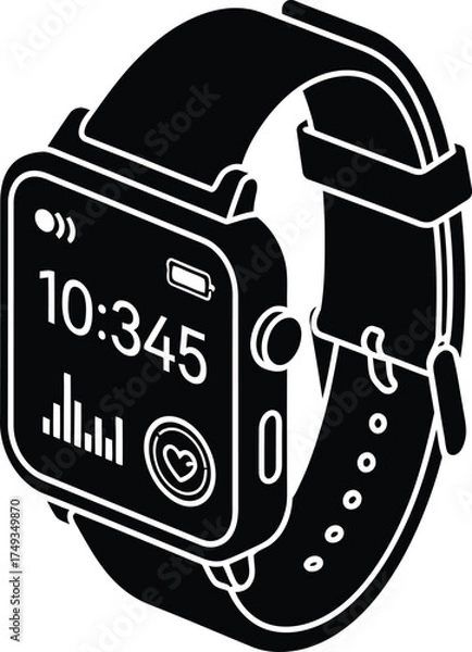 Obraz Modern black smartwatch with a digital display showing time and health metrics on a white background
