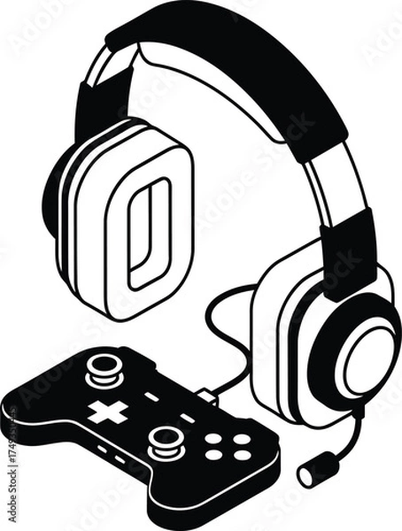 Obraz Modern black and white isometric illustration of gaming headphones and a video game controller on a white background