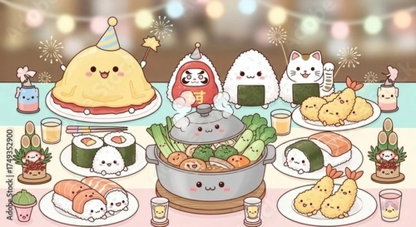Fototapeta Adorable Kawaii Food Festival Celebration with Cute Characters and Festive Decorations