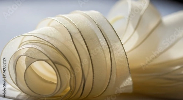 Fototapeta Elegantly Curled Cream Ribbon with Subtle Silver Edges, A Study in Light and Shadow for Decoration