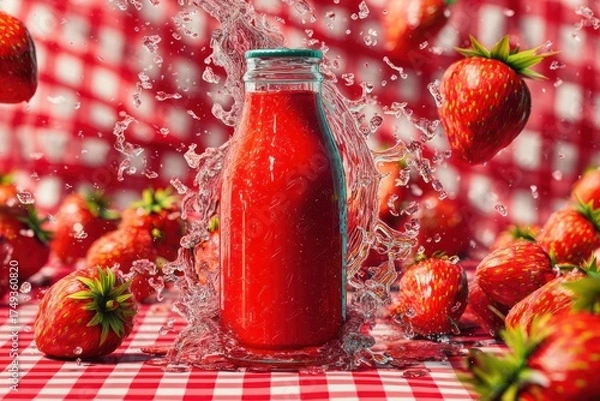 Obraz Vibrant red strawberry juice bottle on summer picnic tablecloth