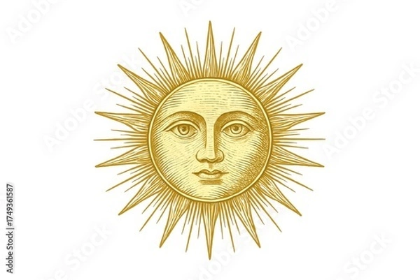 Fototapeta A golden sun with a face and rays, a vintage illustration. A captivating design of the sun with an expressive face, radiating light and warmth.  