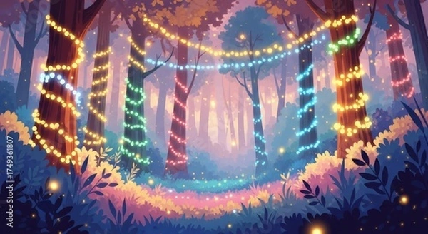 Fototapeta Enchanted Woodland Pathway Illuminated by Twinkling Festive Lights Creating a Magical Atmosphere of Wonder and Joy