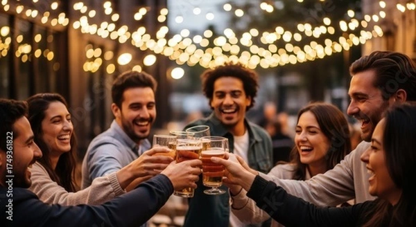 Fototapeta Friends enjoy a celebratory toast outdoors under warm string lights creating a festive and joyful atmosphere