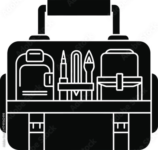 Obraz Stylized black and white illustration of an open tool bag filled with various art supplies and brushes