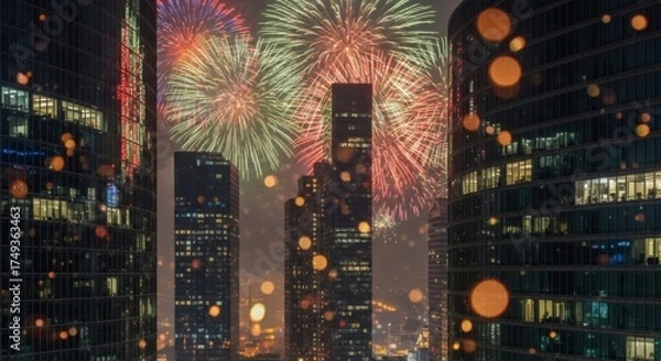 Fototapeta Spectacular Cityscape Illuminated by Vibrant Fireworks Display on a Clear Night