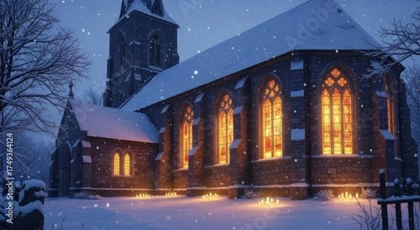 Fototapeta A Serene Winter Evening Capturing the Warm Glow of Stained Glass Windows in a Historic Snowy Church Sanctuary Illuminating the Peaceful Night Sky
