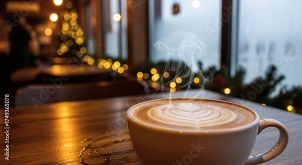 Fototapeta Warm Cup of Coffee on a Wooden Table in a Cozy Cafe with Festive Holiday Decorations in the Background
