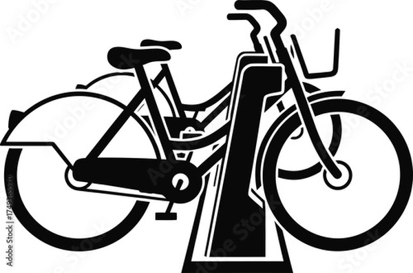 Obraz Stylized black silhouette of a bicycle parked in a bike rack on a white background