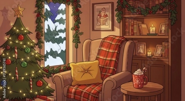 Fototapeta Cozy Christmas Living Room Scene with Decorated Tree and Snowing Window View