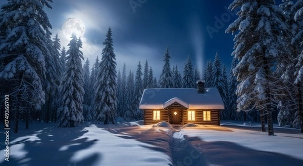 Fototapeta A Cozy Log Cabin Nestled Deep Within a Snow Covered Forest Under the Moonlight
