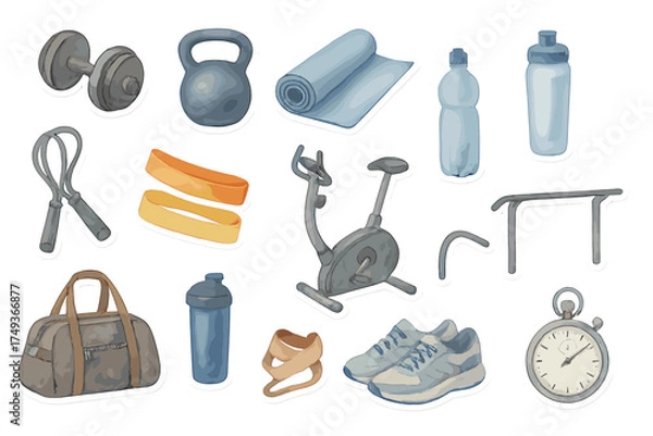Fototapeta Fitness Sticker Sheet. Fitness. Realistic watercolor style sticker sheet of fitness: dumbbells, kettlebell,