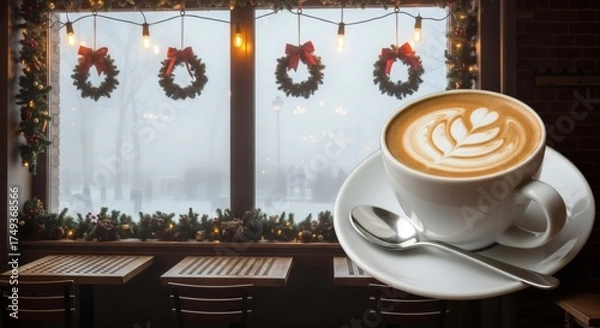 Fototapeta Cozy Winter Cafe Ambiance with Festive Decorations and a Warm Beverage Outside Snow Falls Gently