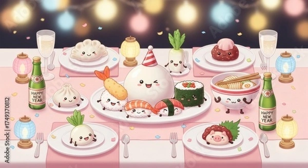 Fototapeta Cute Kawaii Food Characters Celebrate a Festive Party With Delicious Sushi and Dumplings