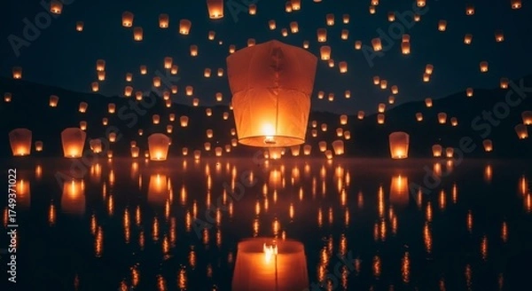 Fototapeta Illuminating Night Sky A Symphony of Floating Lanterns Reflecting Upon Calm Waters