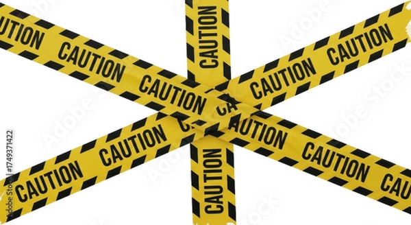 Fototapeta Yellow and black striped caution tape in a cross shape. Isolated on transparent background, png