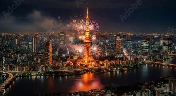 Fototapeta Spectacular Nighttime Fireworks Display Illuminates a Bustling Cityscape Featuring a Prominent Tall Tower