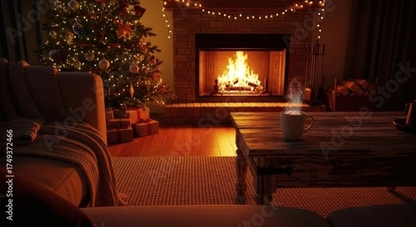 Fototapeta Cozy Winter Evening Warmth by the Fireplace with Decorated Christmas Tree and Soft Pillows for Ultimate Relaxation