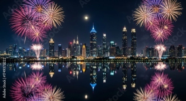 Fototapeta Spectacular Fireworks Display Illuminates a Modern Cityscape Reflected in Calm Water Under a Moonlit Sky
