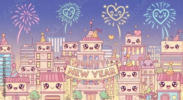 Fototapeta A Whimsical Cityscape Celebrates a Joyful Event Under a Sky Filled with Fireworks and Heart-Shaped Decorations