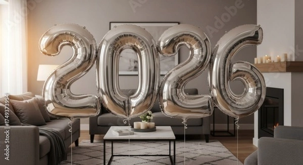 Fototapeta Silver foil balloons spelling out the year 2026 float in a modern living room setting creating a festive and celebratory atmosphere